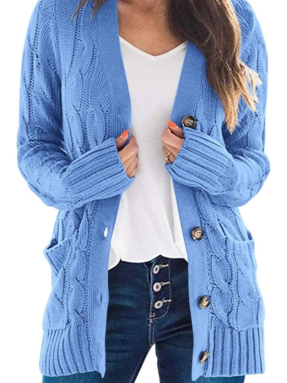 Blue Cable Knit Button-Front Women's Cardigan Sweater